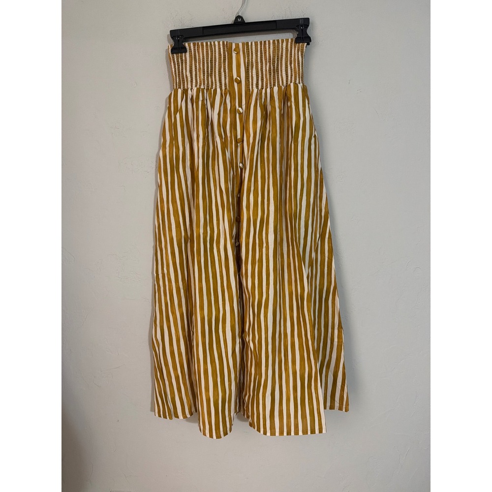 Yellow White Striped Button Front Smocked Waist Maxi Skirt Women Medium